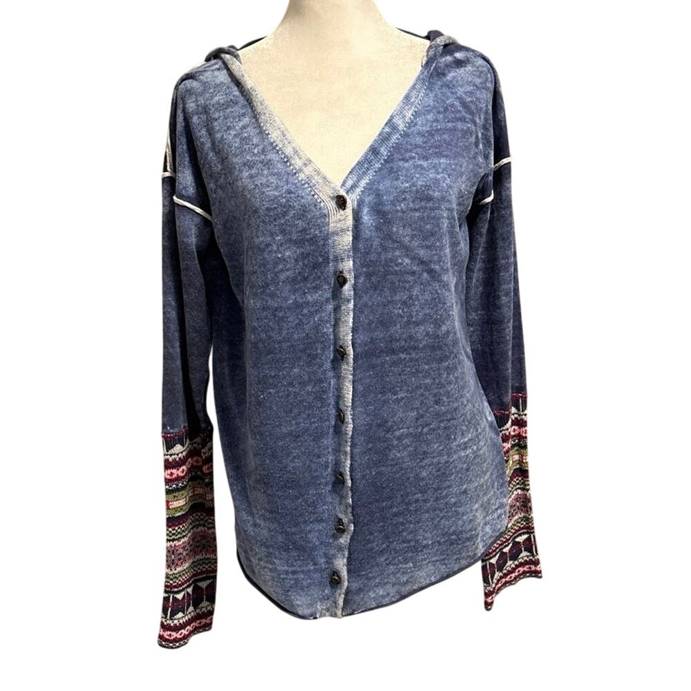 Aratta Silent Journey L Joanna Hooded Cardigan Sweater Blue Boho Knit Sleeves